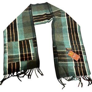 Patrick king Wool Pocket Scarf Fringe Green & Black Plaid Design‎ tartan